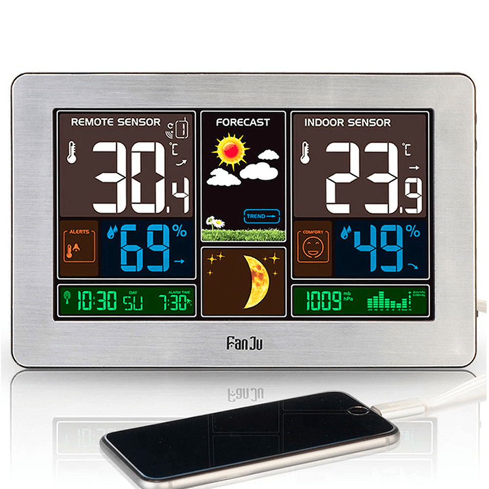Fanju FJ3378 Digital Alarm Clock Weather Station Indoor Outdoor Temperature Humidity Meter Moon Phase Weather Forecast USB Charger - MRSLM