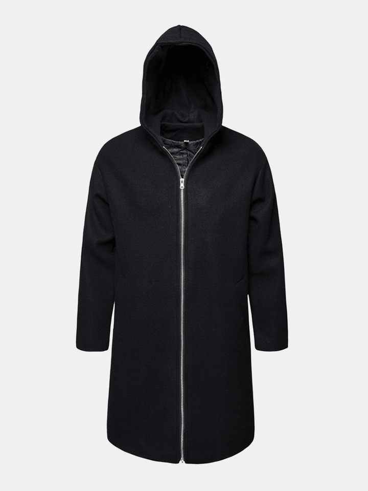 Mens Black Zipper Hooded Warm Mid-Length Trench Coats - MRSLM