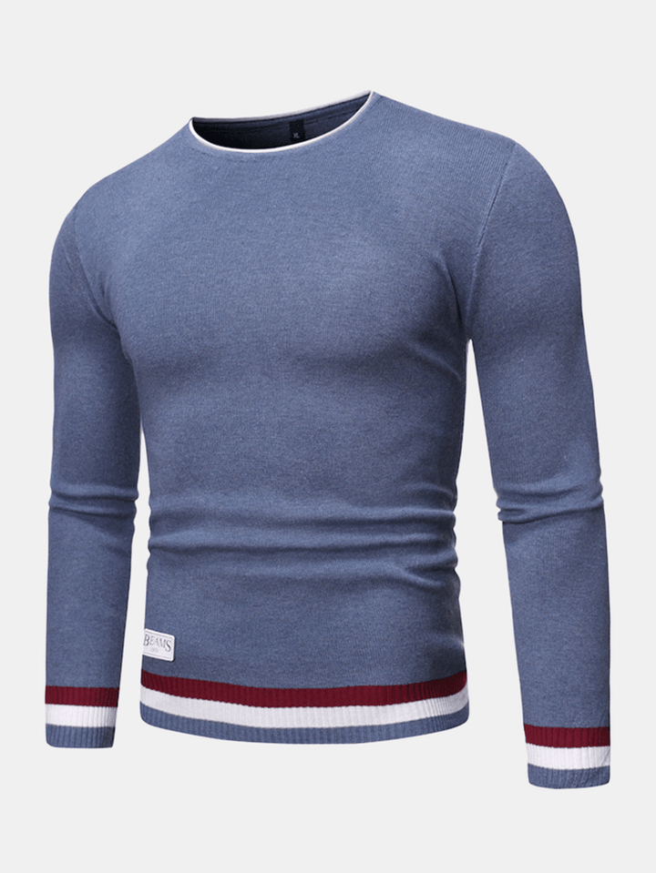 Mens Knitted Contrast Rib round Neck Long Sleeve Pullover Sweaters - MRSLM