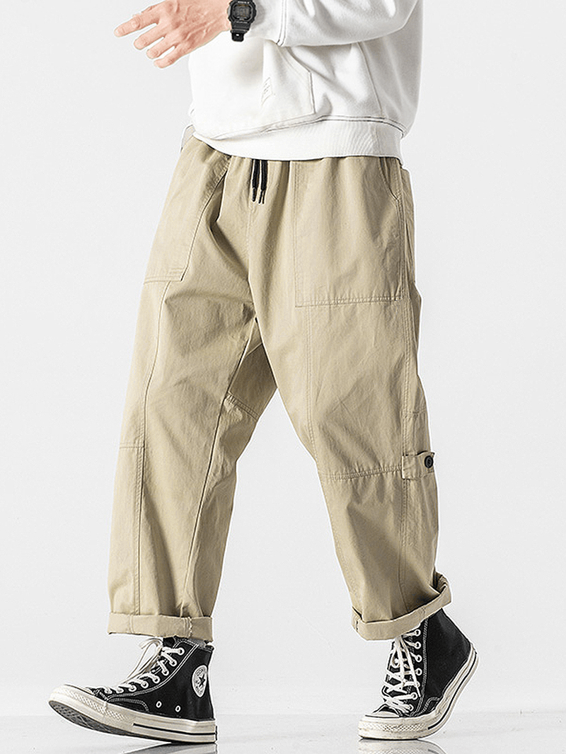 Mens 100% Cotton Solid Color Loose Straight Pants with Pocket - MRSLM