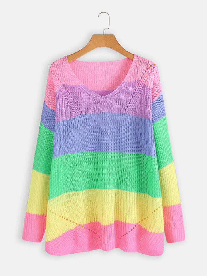 Long Sleeve V-Neck Rainbow Stripe Color Block Sweaters - MRSLM