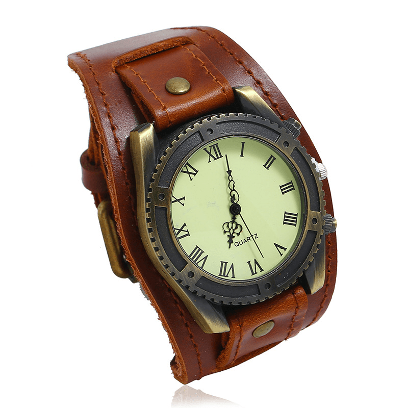 Vintage Cow Leather Bracelet Watch Adjustable Strap Roman Numerals Men Quartz Watch - MRSLM