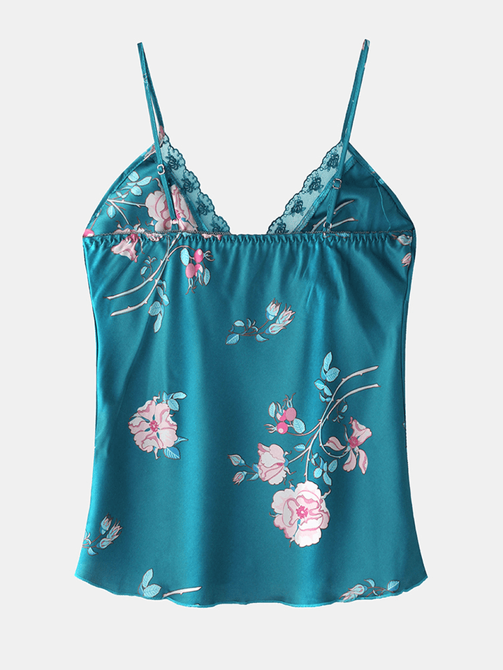 Women Floral Print Softies Lace Trim Smoth Hot Home Pajama Set - MRSLM