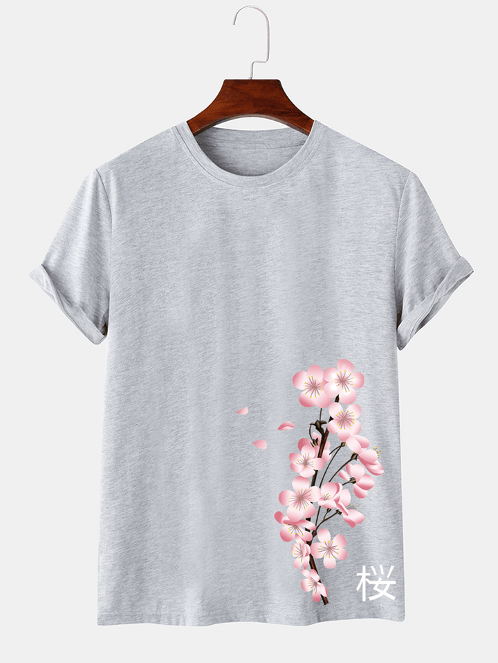 Mens Cherry Print Japanese Style O-Neck Short Sleeve T-Shirt - MRSLM