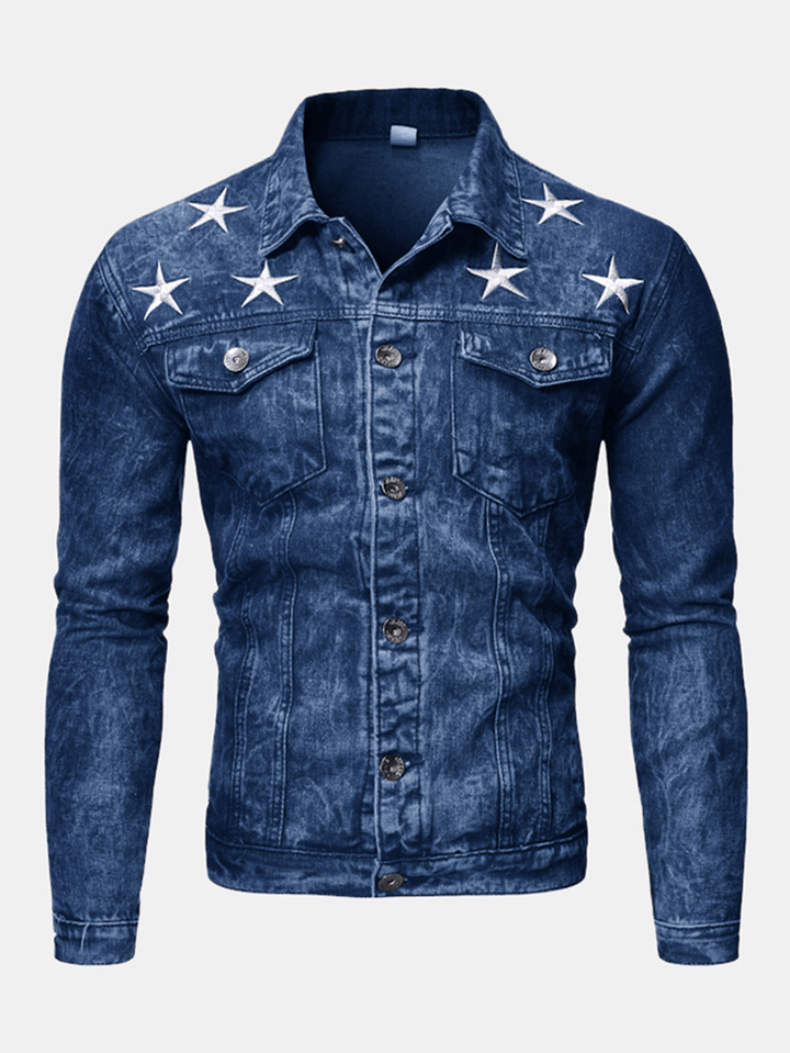 Men'S Fashion Print Pocket Decoration Casual Washed Denim Jacket - MRSLM