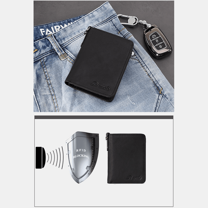 Men Genuine Leather Vintage RFID Blocking Zipper Coin Wallet Card Holder - MRSLM