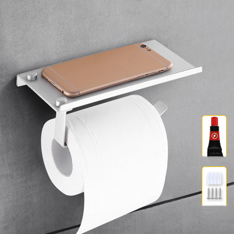 Aluminum Toilet Paper Punch Free Holder with Phone Shelf Wall Mounted Bathroom Accessories Tissues Roll Dispenser Matte - MRSLM