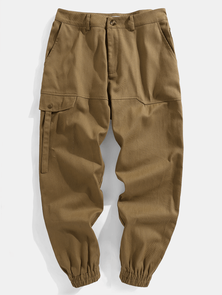 Mens 100% Cotton Solid Zipper Fly Casual Elastic Cuff Cargo Pants - MRSLM