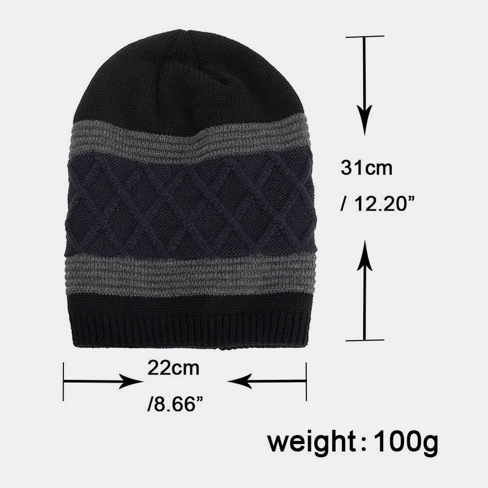 Men Winter plus Velvet Striped and Diamonds Pattern Outdoor Knitted Warm Beanie Hat - MRSLM