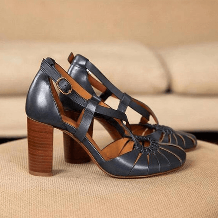 Women Cross Strap Cutout Solid Color High Heels - MRSLM