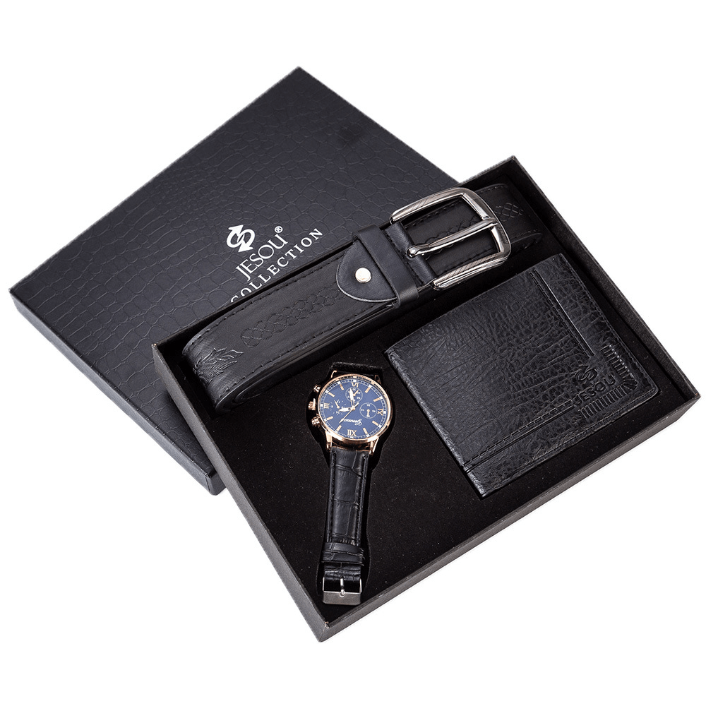 XSVO 3Pcs Men Gift Set Classic Business Leather Wristband Male Quartz Watch Folding Wallet Belt - MRSLM