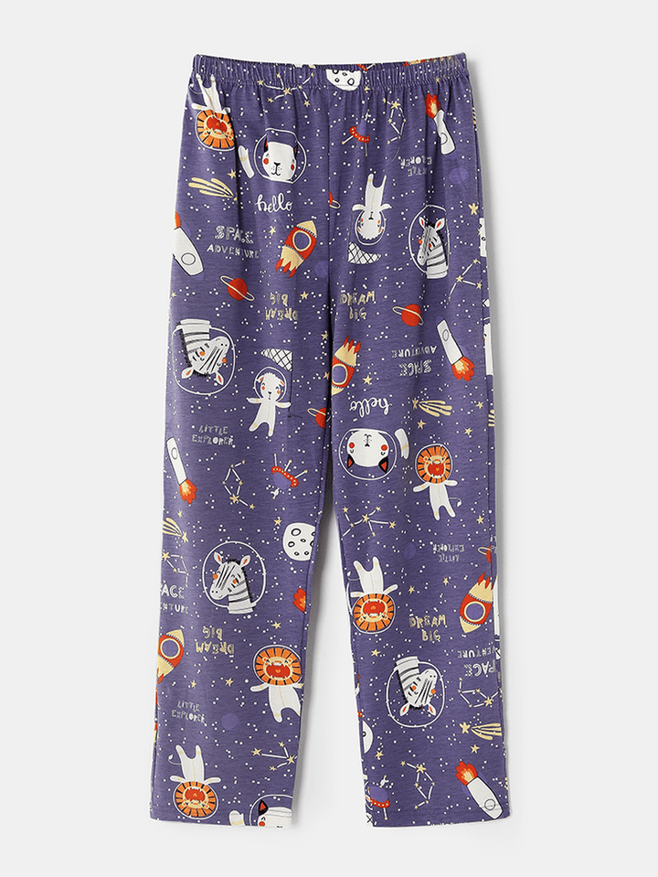 Women Cartoon Animal & Space Print Cotton Pocket Long Sleeve Elastic Waist Home Pajama Set - MRSLM