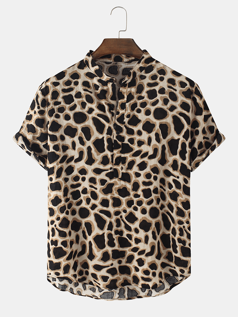 Mens Leopard Print Henley Collar Short Sleeve Shirts - MRSLM