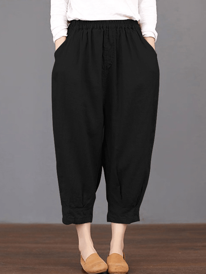 Women Solid Color Elastic Waist Loose Cotton Pants - MRSLM