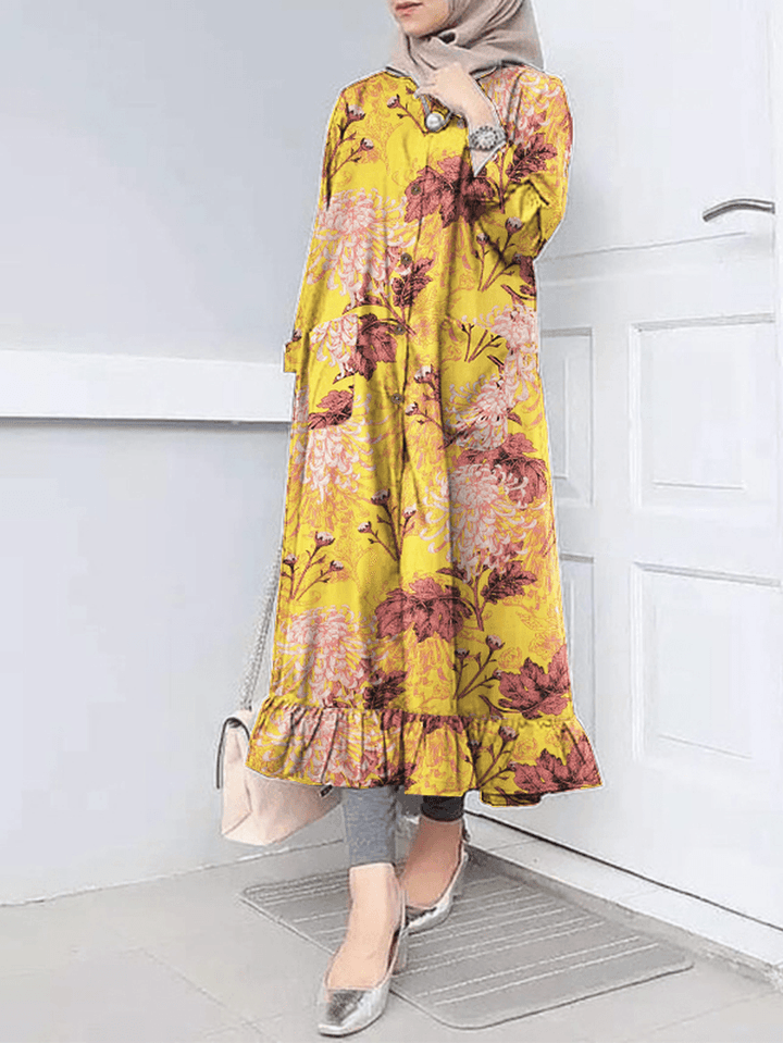 Women Flora Print Ruff Hem O-Neck Casual Bohemian Abaya Kaftan Shirt Dress with Pocket - MRSLM