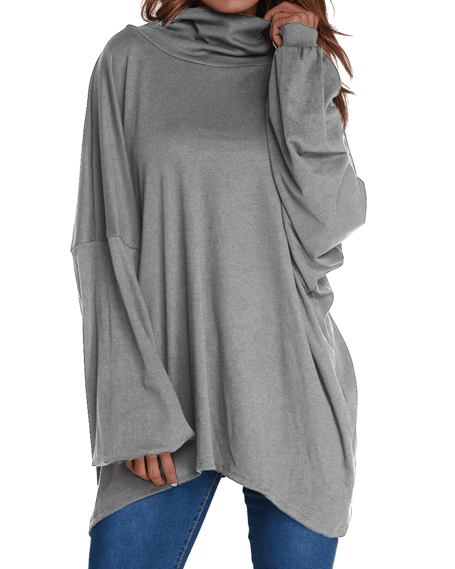 Women Long Sleeve Loose Pullover Tops Pure Color Turtleneck Blouse - MRSLM