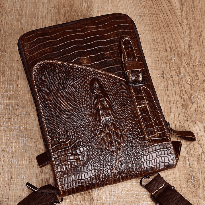 Men Genuine Leather Wear-Resistant Crocodile Texture Casual Crossbody Bag Shoulder Bag - MRSLM