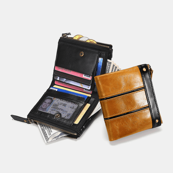 Men Genuine Leather RFID Anti-Theft Wax Retro Zipper Cowhide Card Holder Wallet - MRSLM