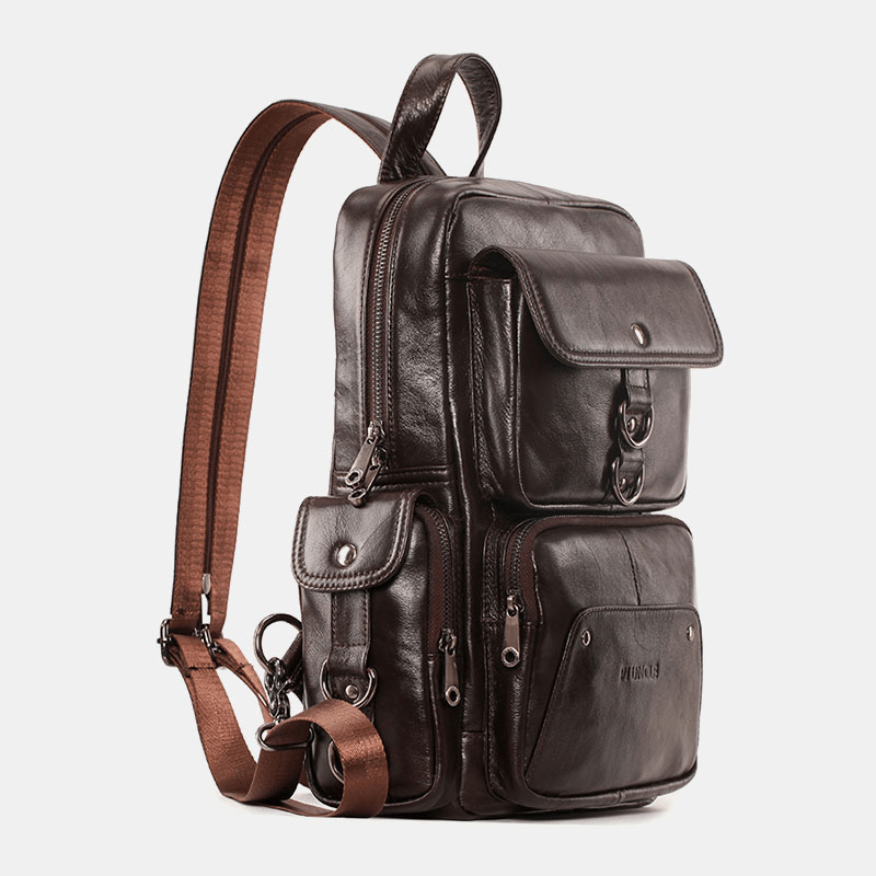 Men Genuine Leather Multifunction Multi-Carry Outdoor Travel Cowhide Crossbody Bag Backpack - MRSLM