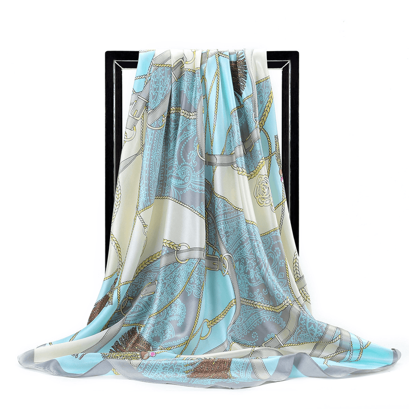 women's faux silk chain print square scarf, view 7 - MRSLM