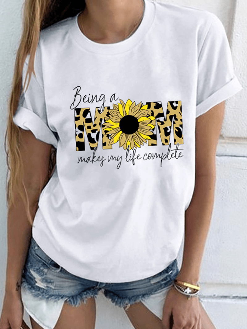 Flower Leopard Letter Print Short Sleeve O-Neck T-Shirts for Women - MRSLM