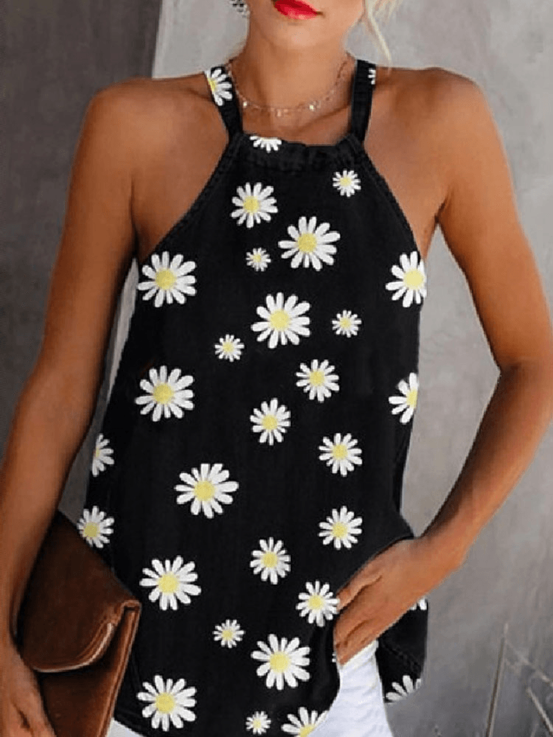 Daisy Print Halter Sleeveless Summer Casual Tank Tops for Women - MRSLM