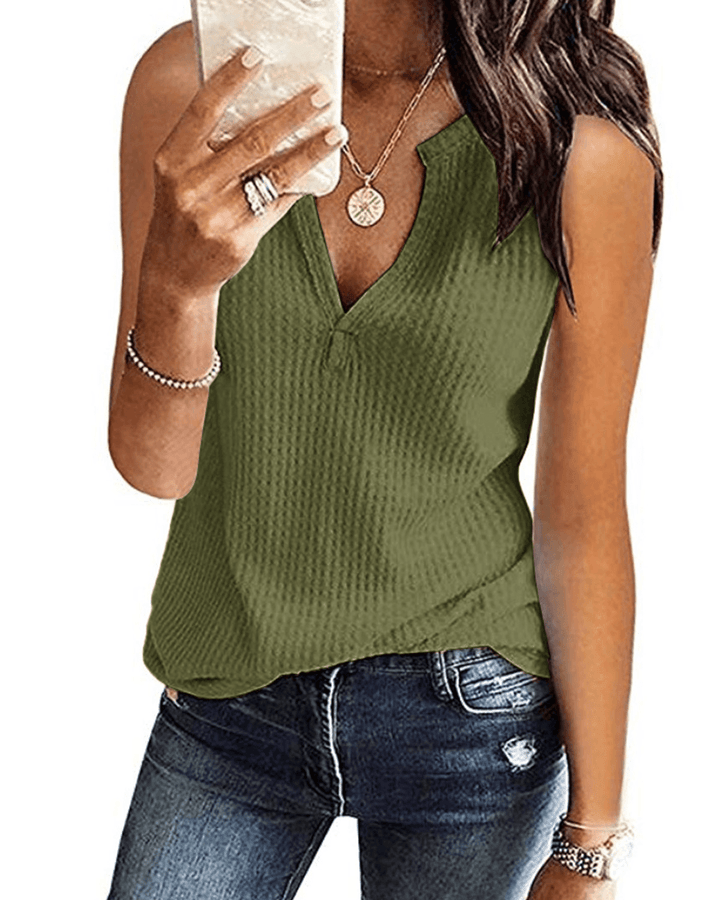 Sleeveless V-Neck Cami Solid Color Knit Daily Casual Tank Tops - MRSLM