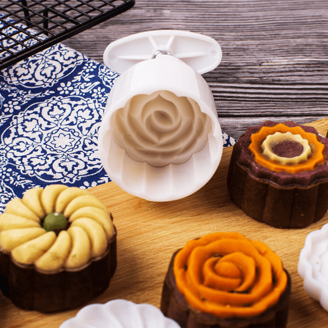 Round Mooncake Pastry Mold 50G Hand Press Mould Flower Pattern Festival Decor DIY Decor W/ 6 Stamps - MRSLM