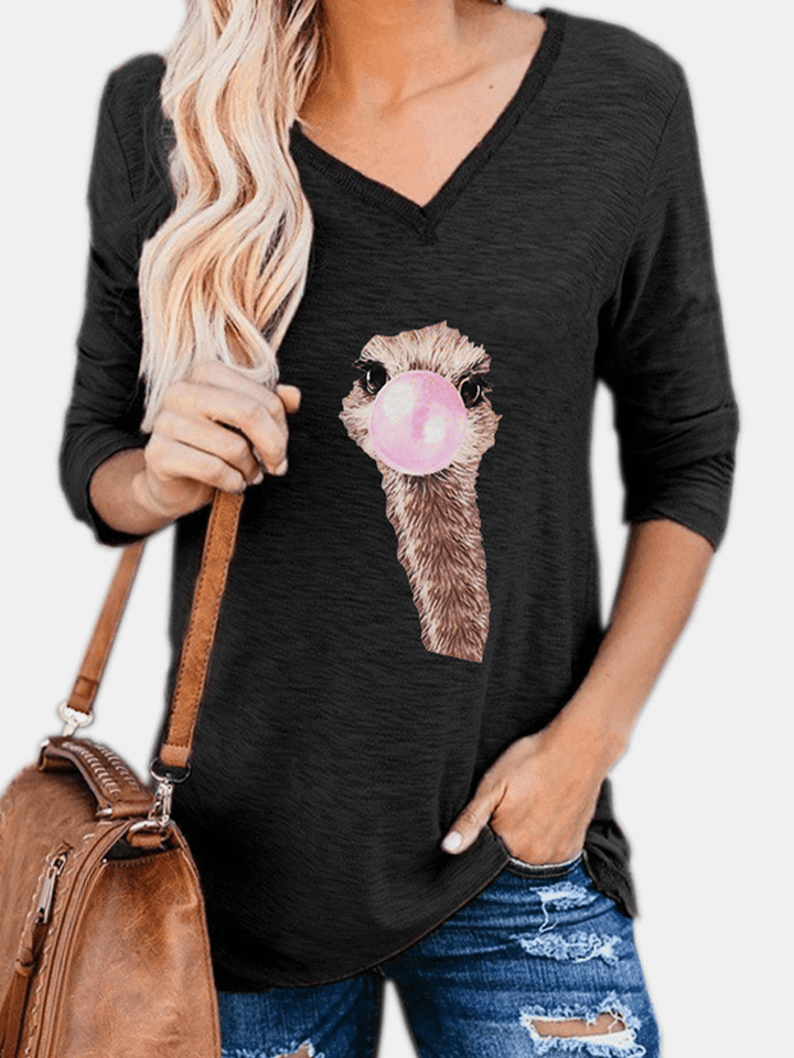 Women Cute Ostrich Animal Print V-Neck Long Sleeve Casual Blouses - MRSLM