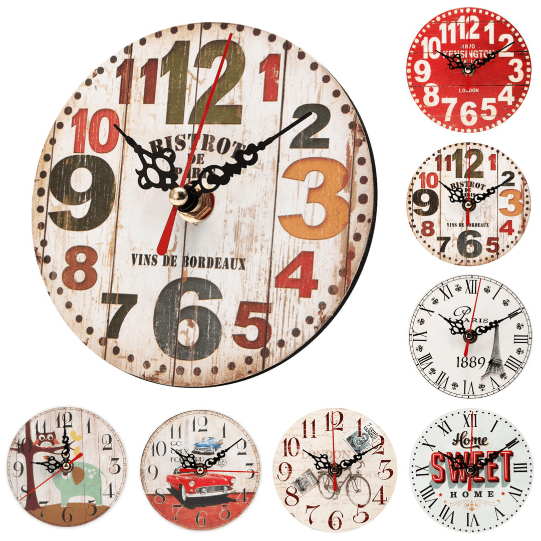 12Cm Vintage Rustic round Wooden Wall Clock Chic Antique Home Office Decor Gifts - MRSLM