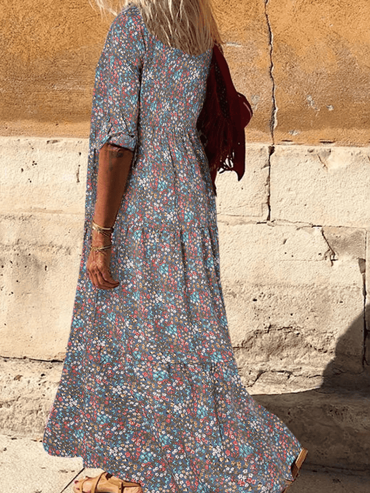Vintage Floral Print Lapel Pleats Long Sleeve Bohemian Shirt Maxi Dress for Women - MRSLM