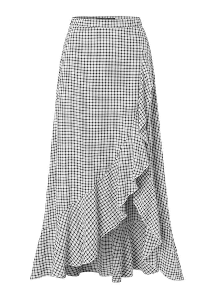 Women Mid-Calf Length Ruffle Pleated Irregular Hem Plaid Splicing Skirt - MRSLM