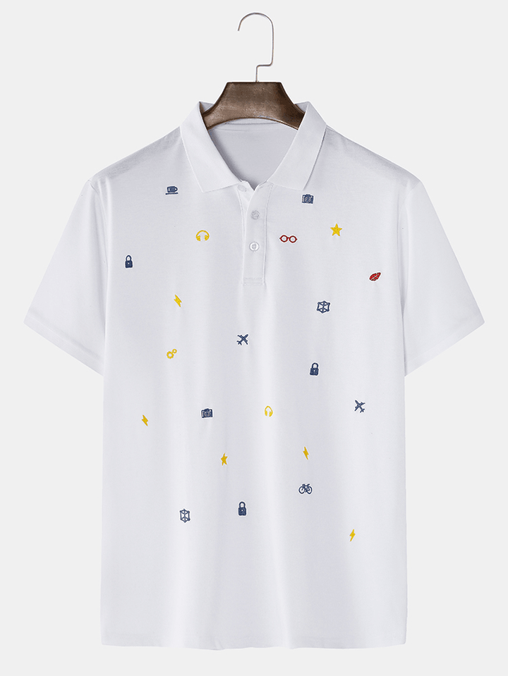 100% Cotton Mens Simple Cartoon Embroidery Short Sleeve White Casual Golf Shirts - MRSLM