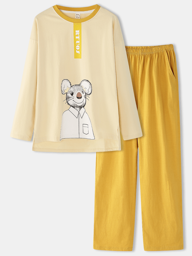Women Cotton Cartoon Mouse Print Pullover Elastic Waist Pocket Loose Pants Home Pajama Set - MRSLM