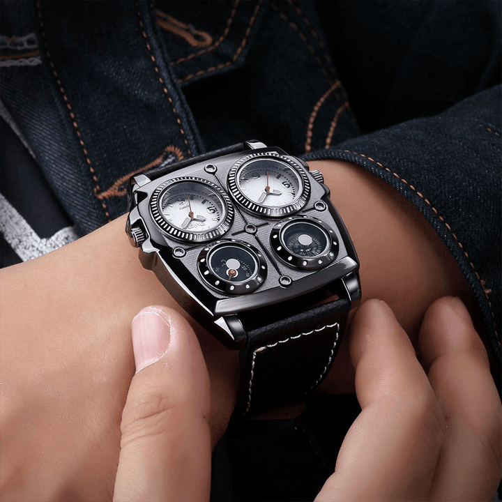 OULM Dual Time Zones Big Dial Men Wrist Watch Restro Style Leather Band Creative Quartz Watch - MRSLM