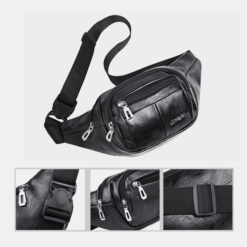 Men PU Leather Anti-Theft Multifunctional Multi-Pocket 6.5Inch Phone Bag Waist Bag Chest Bag Crossbody Bags - MRSLM