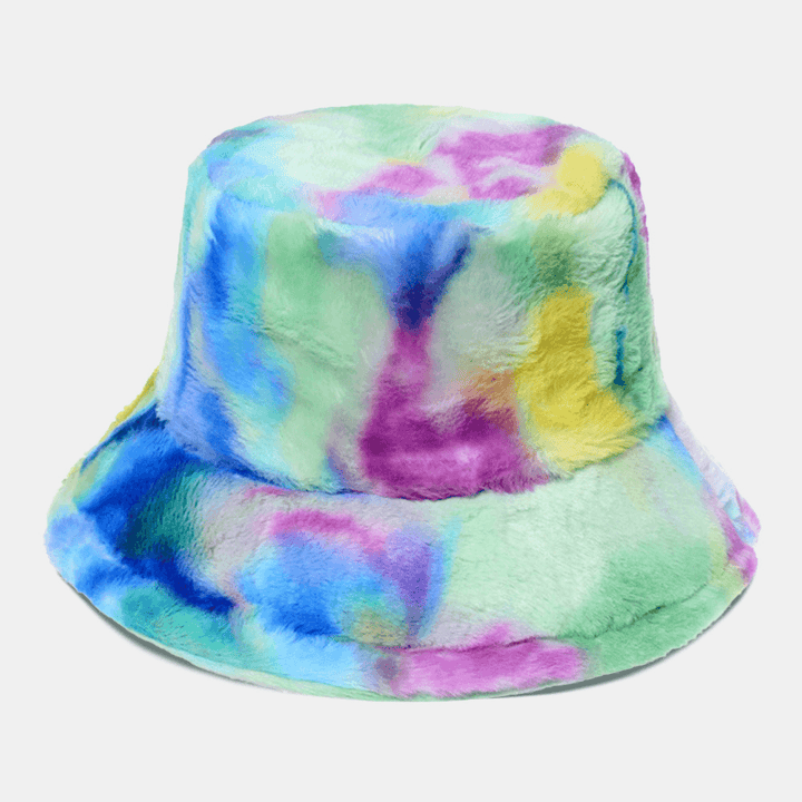 Women Colored Tie-Dye Fluffy Thicken Winter Warm Bucket Hat Faux Rabbit Fur Outdoor Casual Windproof Cool-Protection Hat - MRSLM