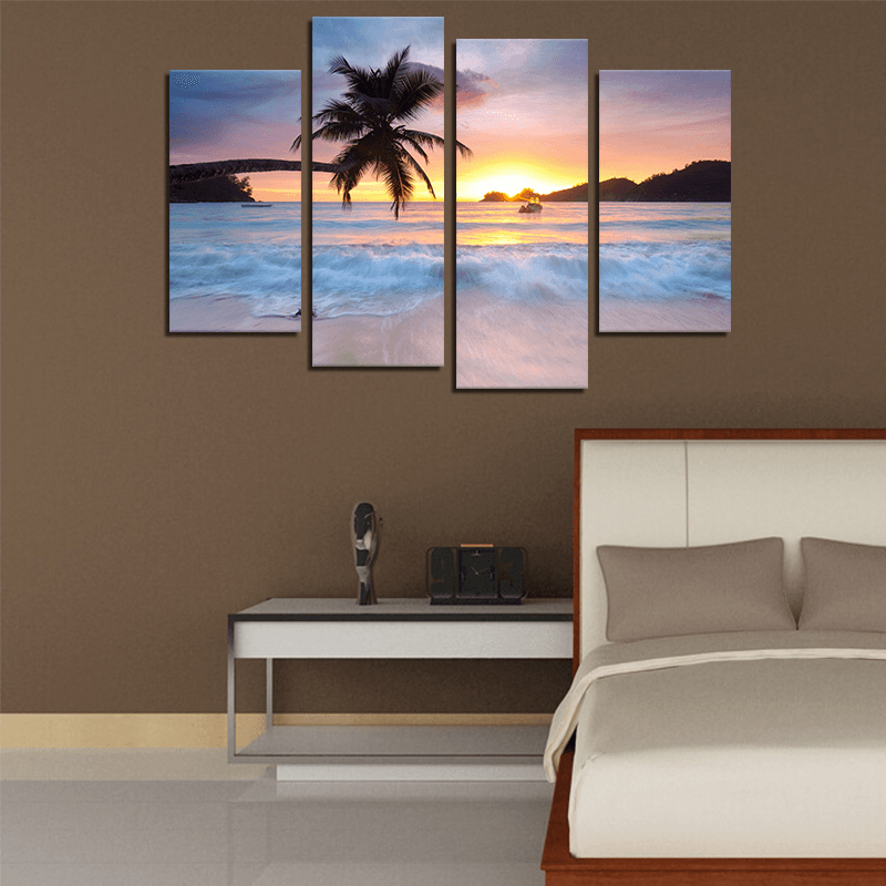 Miico Hand Painted Four Combination Decorative Paintings Seaside Coconut Tree Wall Art for Home Decoration - MRSLM