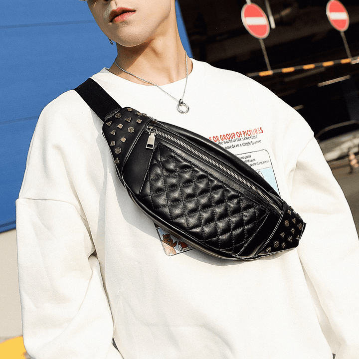 Men PU Leather Rivets Decorate Rhombus Stitching Waterproof Chest Bag Large Capacity Crossbody Shoulder Bag - MRSLM
