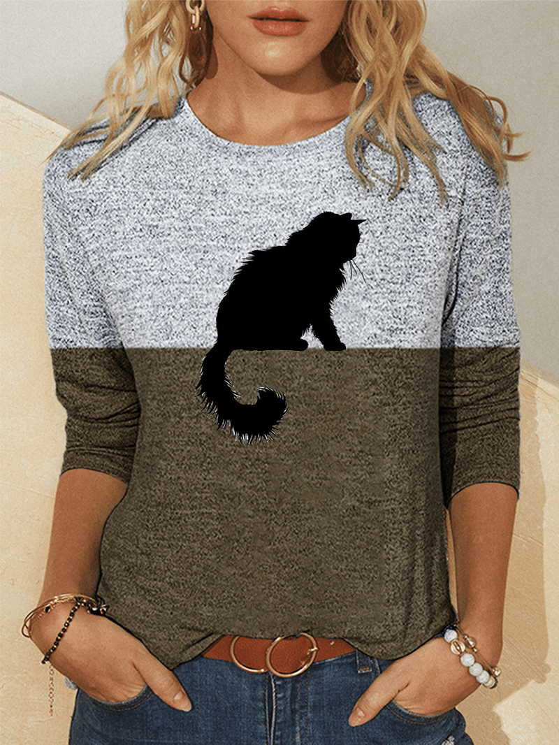 Women Cute Cat Print Colorblock Long Sleeve Casual Blouses - MRSLM