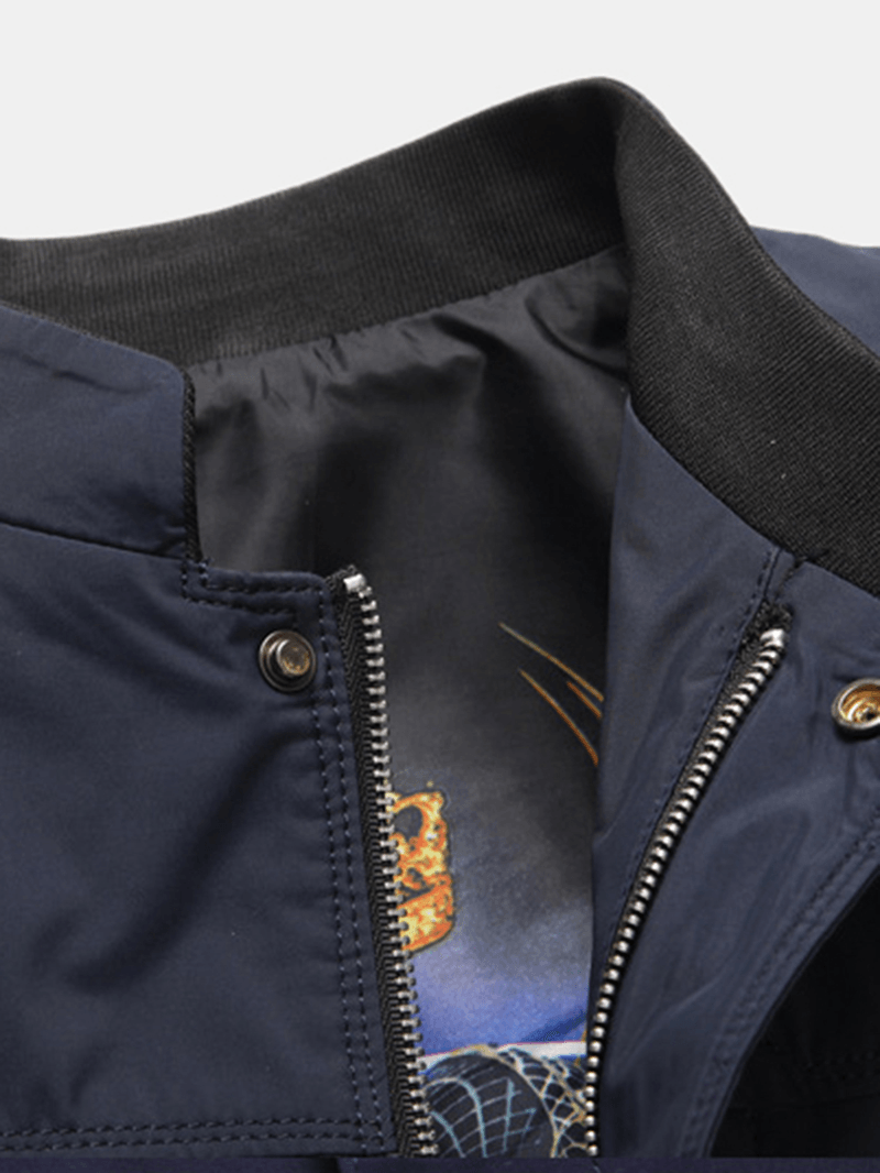 Mens Solid Color Stand Collar Pocket Classic Jacket - MRSLM