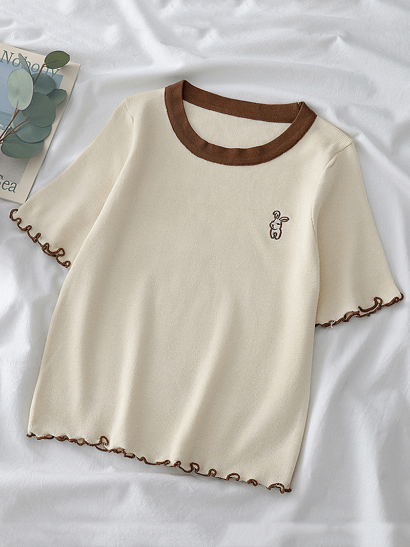 Women Rabbit Embroidery Short Sleeve Simple T-Shirts - MRSLM