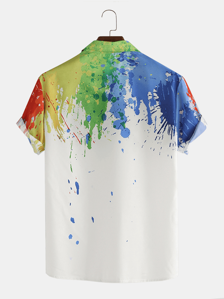 Mens Splash Ink Watercolor Print Short Sleeve Beach Party Business Casual Shirts - MRSLM