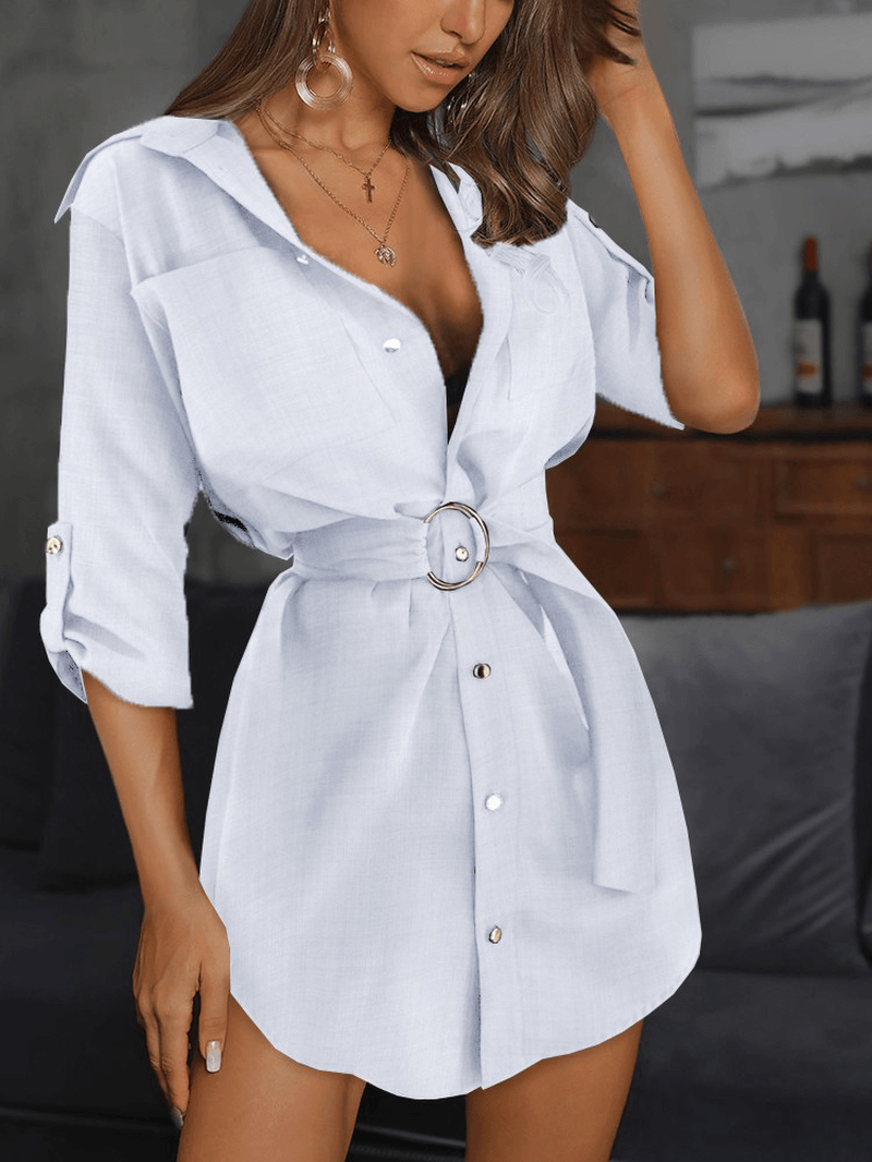 Women Pure Color Lapel Chest Pocket Belted Button up Casual Loose Shirt Dress - MRSLM