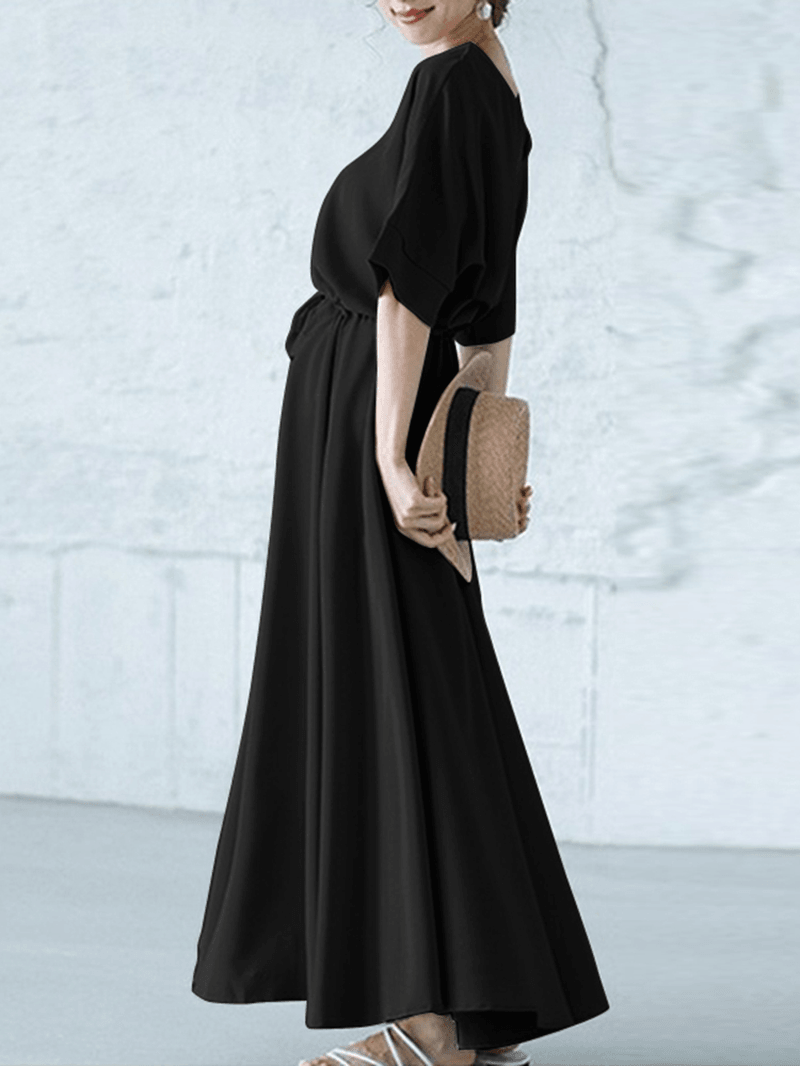 Solid Color V-Neck Drawstring Waist Short Sleeve Maxi Dress - MRSLM