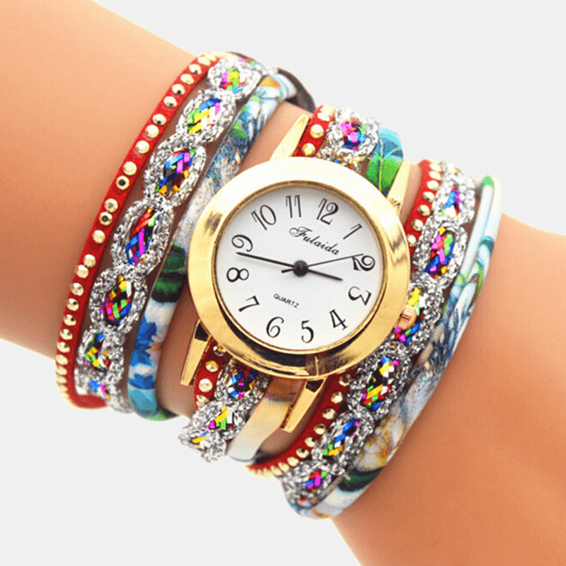 Deffrun Vintage Colorful Printing Women Bracelet Watch Multi-Layer Metal Rhinestone PU Quartz Watch - MRSLM