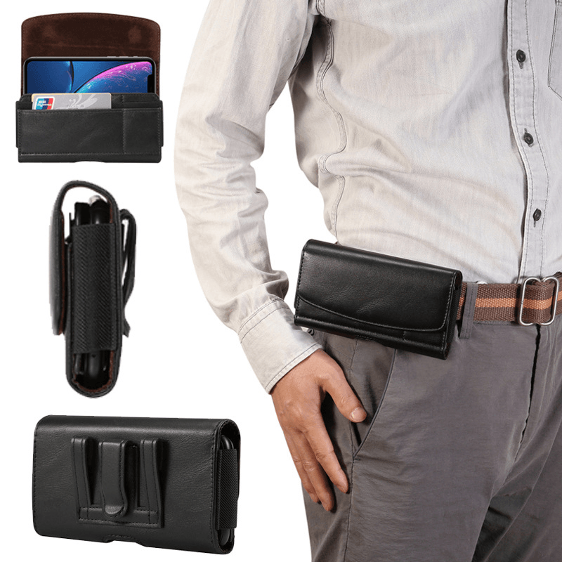 Men Faux Leather 7.2 Inch Phone Bag Waist Belt Hanging Bag Waist Pack with Belt Loop - MRSLM