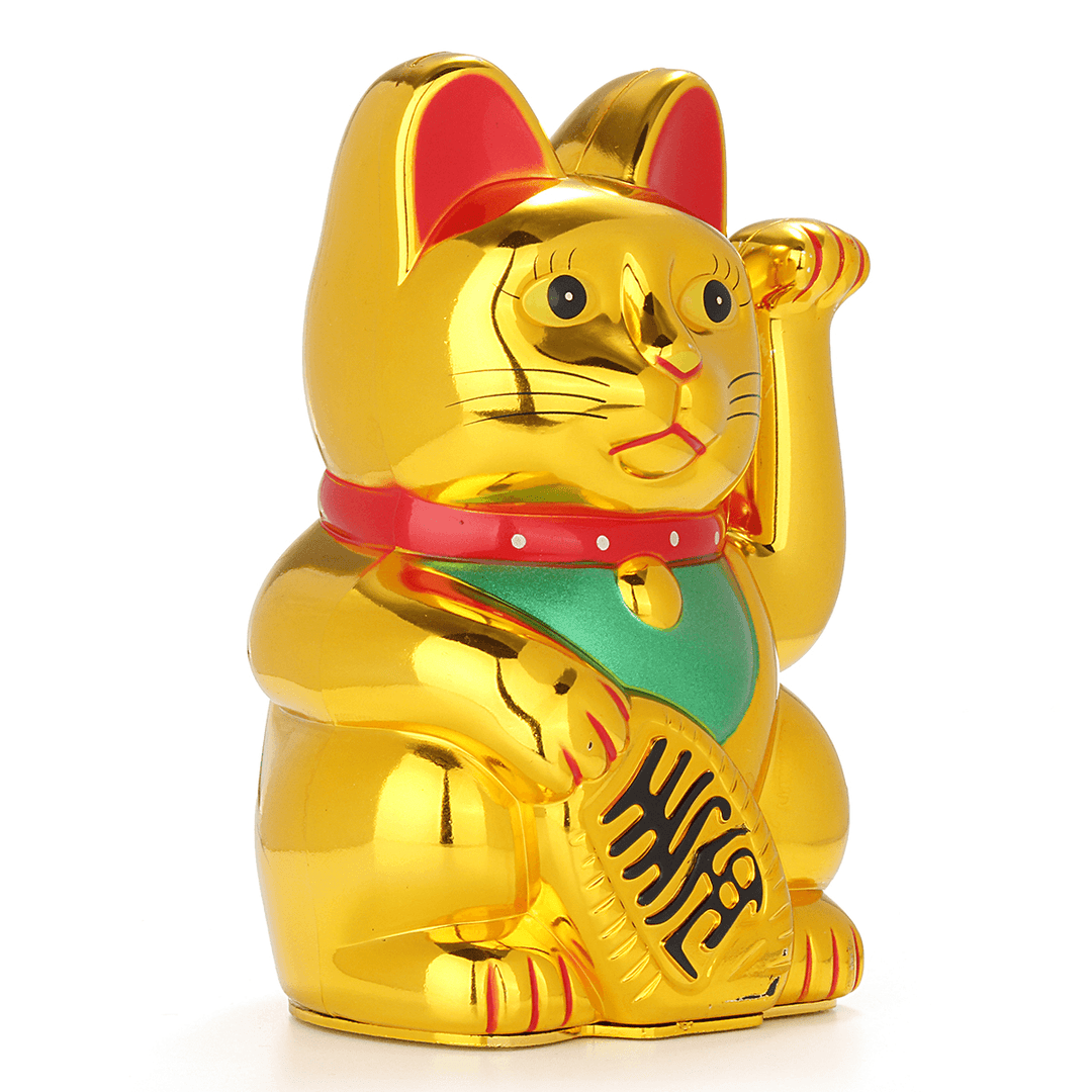 6" Chinese Lucky Waving Hand Maneki Neko Gold Fortune Feng Shui Cat Moving Arm Doll - MRSLM