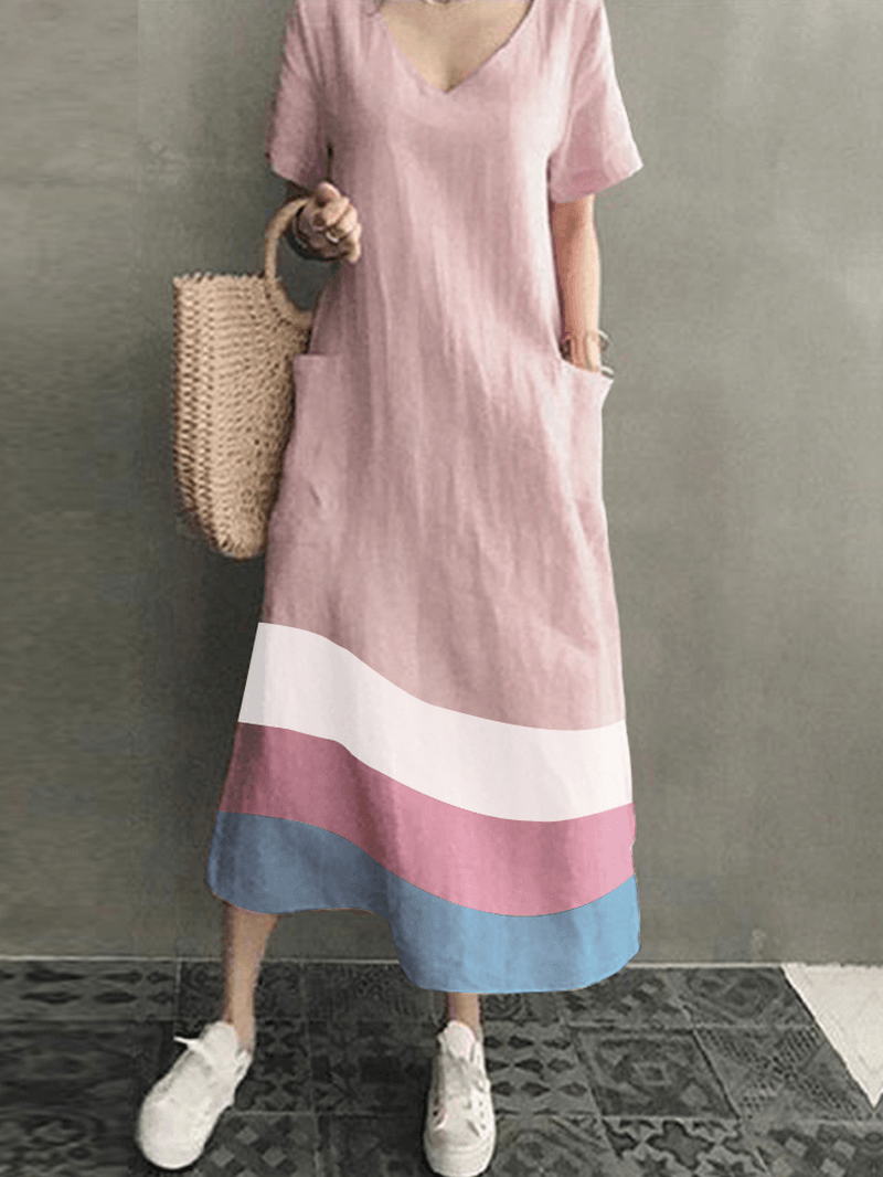 Women Cotton Contrast Color Stripe Print V-Neck Side Pocket Maxi Dress - MRSLM