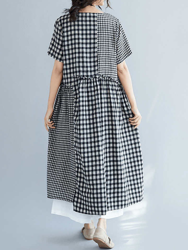 Vintage Cotton Linen Plaid Loose Dress - MRSLM